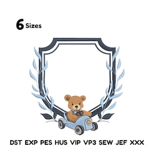 May include: Embroidered design of a teddy bear in a blue car inside a shield-shaped frame, with blue leaves. The text "6 Sizes" is at the top left, and file format abbreviations are at the bottom.