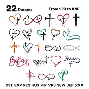 May include: An image showcasing 22 different designs, including crosses, hearts, and infinity symbols. The designs feature the words "Jesus", "Believe", and "Faith". The text "22 Designs" and "From 1.90 to 8.90" are also visible.
