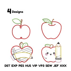 Apple Name Outline Satin and Bean Stitch Machine Embroidery Design Apple Back to School embroidery teacher embroiedry bundle