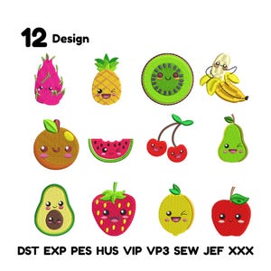 Pode incluir: Uma coleção de 12 desenhos de frutas bordadas, incluindo fruta do dragão, abacaxi, kiwi, banana, laranja, fatia de melancia, cerejas, pêra, abacate, morango, limão e maçã. Os desenhos têm rostos sorridentes.