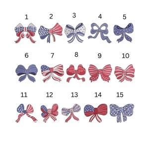 May include: Fifteen decorative bows in red, white, and blue, featuring patterns like stars, stripes, and polka dots. The bows are arranged in rows and columns, ideal for patriotic crafts or decorations.