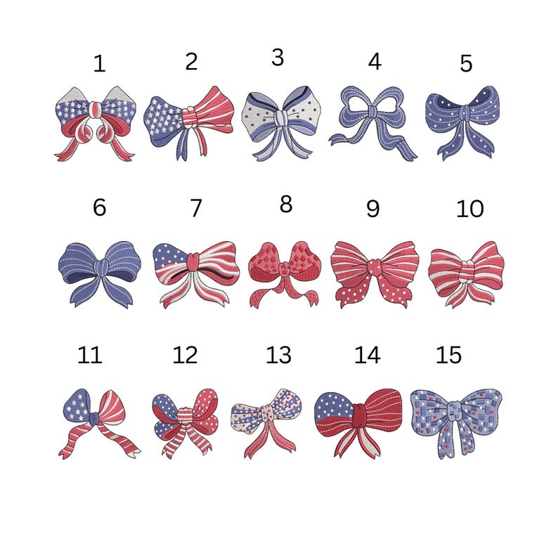 May include: Fifteen decorative bows in red, white, and blue, featuring patterns like stars, stripes, and polka dots. The bows are arranged in rows and columns, ideal for patriotic crafts or decorations.