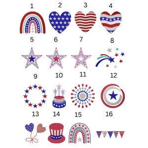 May include: A selection of red, white, and blue patriotic designs. The designs include a rainbow, hearts, stars, a wreath, a cake, a firework-like burst, a shield, a top hat, balloons, a rainbow, and bunting.