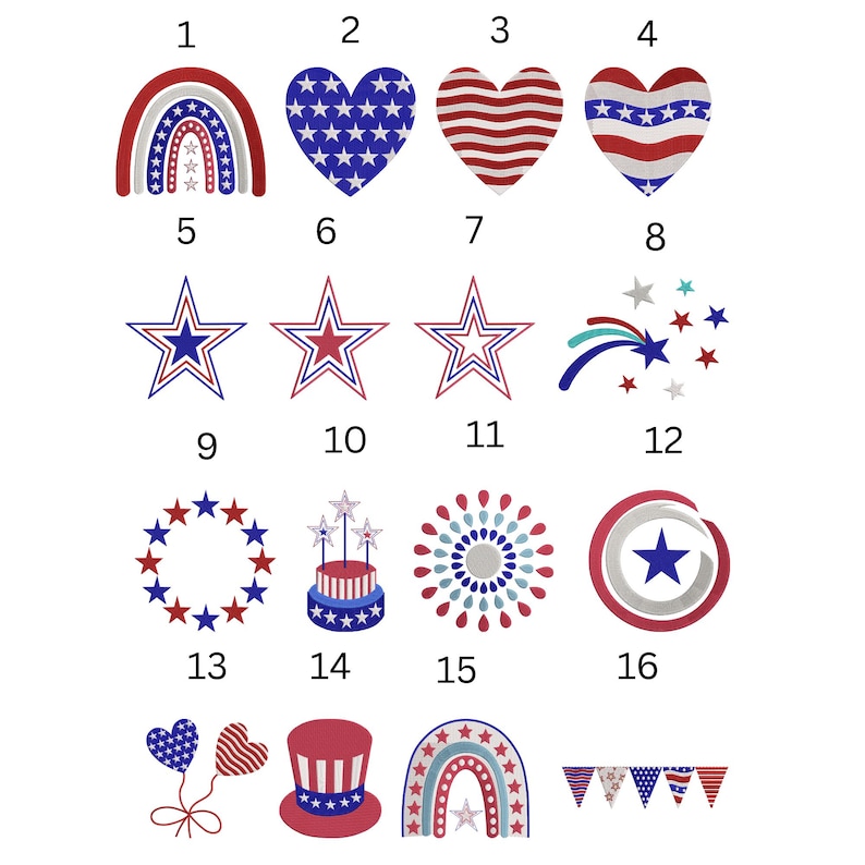 May include: A selection of red, white, and blue patriotic designs. The designs include a rainbow, hearts, stars, a wreath, a cake, a firework-like burst, a shield, a top hat, balloons, a rainbow, and bunting.