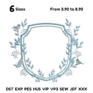 May include: A light blue embroidered design featuring a shield shape, adorned with leaves, berries, and three small birds. The text "6 Sizes" and file formats are also included.