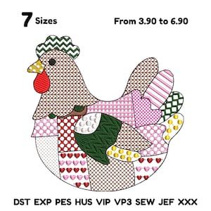 May include: A colorful patchwork chicken design with a green comb, yellow beak, and red wattle. The design includes various patterns and textures, with the text "7 Sizes" and file type abbreviations at the bottom.
