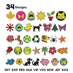 May include: A collection of 34 embroidery designs, including a maple leaf, butterfly, shark, sun, potted plant, cat, flower, dog, duck, horse, paw print, recycling symbol, spider, and more. The designs are in various colors.