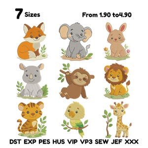 Op de afbeelding: Geborduurde dierenontwerpen, waaronder een vos, een olifant, een konijn, een neushoorn, een luiaard, een leeuw, een tijger, een papegaai en een giraffe. De tekst "7 Maten" en "Van 1,90 tot 4,90" is inbegrepen.