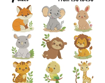 Safari Animals Embroidery Bundle Zoo Animal Embroidery Cute Baby Jungle Animals Embroidery Baby Girl Embroidery, Forest Animal, Farm Animal