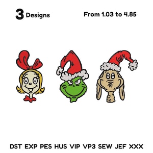May include: Three Christmas-themed embroidery designs featuring cartoon characters. The designs include a girl with a red bow, a green character in a Santa hat, and a tan character in a Santa hat. The text "3 Designs" is at the top.