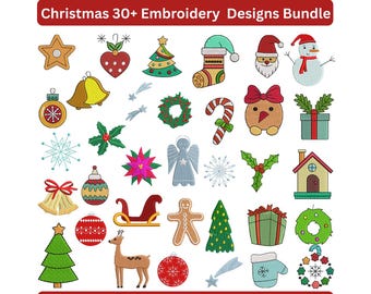 Könnte beinhalten: Eine Sammlung von über 30 Weihnachtsstickmustern. Die Designs umfassen einen Stern, ein Herz, einen Weihnachtsbaum, einen Weihnachtsmann, einen Schneemann, Glocken, Ornamente, einen Kranz, eine Zuckerstange, einen Lebkuchenmann, einen Engel und mehr.