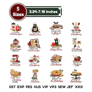 May include: A collection of sixteen Christmas-themed embroidery designs featuring kitchen motifs like aprons, mixers, and baked goods with text such as A Little Christmas Spice and Baked with Christmas Love. The designs are available in 5 sizes from 3.54-7.18 inches.