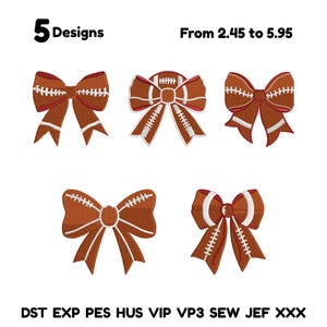 May include: Five football-themed bow designs in shades of brown and white. Each bow features a football design with white stitching. The text "5 Designs" is at the top left.