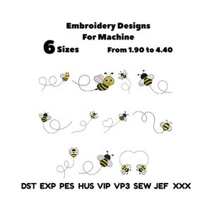 Può includere: Disegni da ricamo per macchina con api gialle e nere e traiettorie di volo a spirale. Il testo recita: Embroidery Designs For Machine, 6 Sizes, From 1.90 to 4.40, e i formati di file DST, EXP, PES, HUS, VIP, VP3, SEW, JEF, XXX.