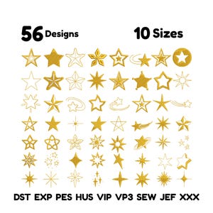 Puede incluir: Una colección de 56 diseños de estrellas doradas en 10 tamaños. Las estrellas varían en estilo, incluyendo diseños sólidos, delineados y adornados. La imagen también muestra los formatos de archivo: DST, EXP, PES, HUS, VIP, VP3, SEW, JEF y XXX.