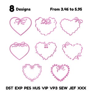 May include: Eight pink heart-shaped embroidery designs with bows and decorative elements. The text "8 Designs" and "From 3.46 to 5.95" are displayed at the top. The bottom of the image shows embroidery file formats.