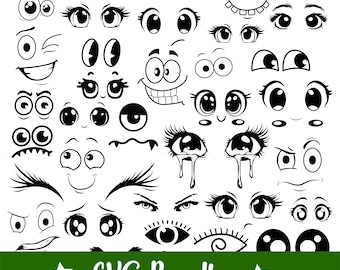 Occhi dei cartoni animati SVG, file di taglio, PNG, clipart di occhi carini, emozioni SVG, pacchetto di vettori di occhi, timbro, cricut, silhouette