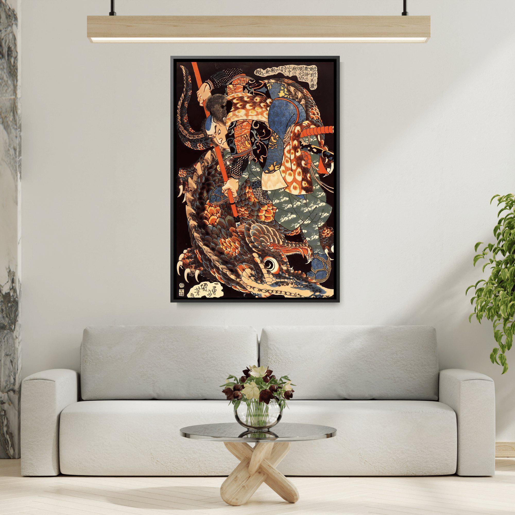 Miyamoto Musashi Killing A Giant Nue - Framed Canvas Wall Art