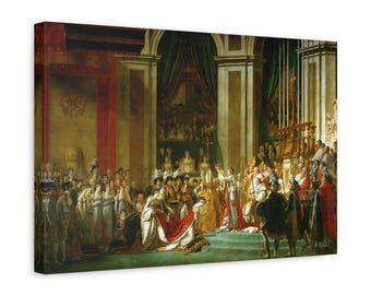 May include: A large, detailed painting depicting a historical scene with many people in elaborate clothing. The scene appears to be a coronation ceremony with a man kneeling before a figure wearing a crown. The painting is set in a grand hall with ornate columns and a high ceiling.