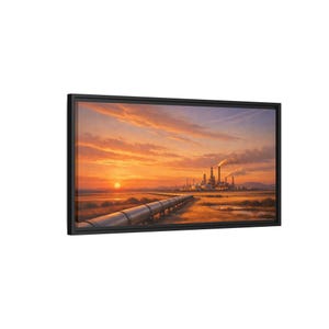 Paisaje Naturaleza Refinería de petróleo Atardecer naranja - Lienzo enmarcado para pared