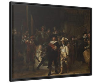 Rembrandt Night Watch - Framed Canvas Wall Art Print Reproduction in Black Pinewood Frame