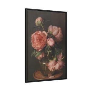 Vintage Pink Peonies Flowers - Framed Canvas Wall Art Print Reproduction in Pinewood Frame