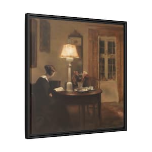 Carl Vilhelm Holsoe Interior with a Woman Reading by Lamplight Vintage - Framed Canvas Wall Art Print Reproduction in Pinewood Frame