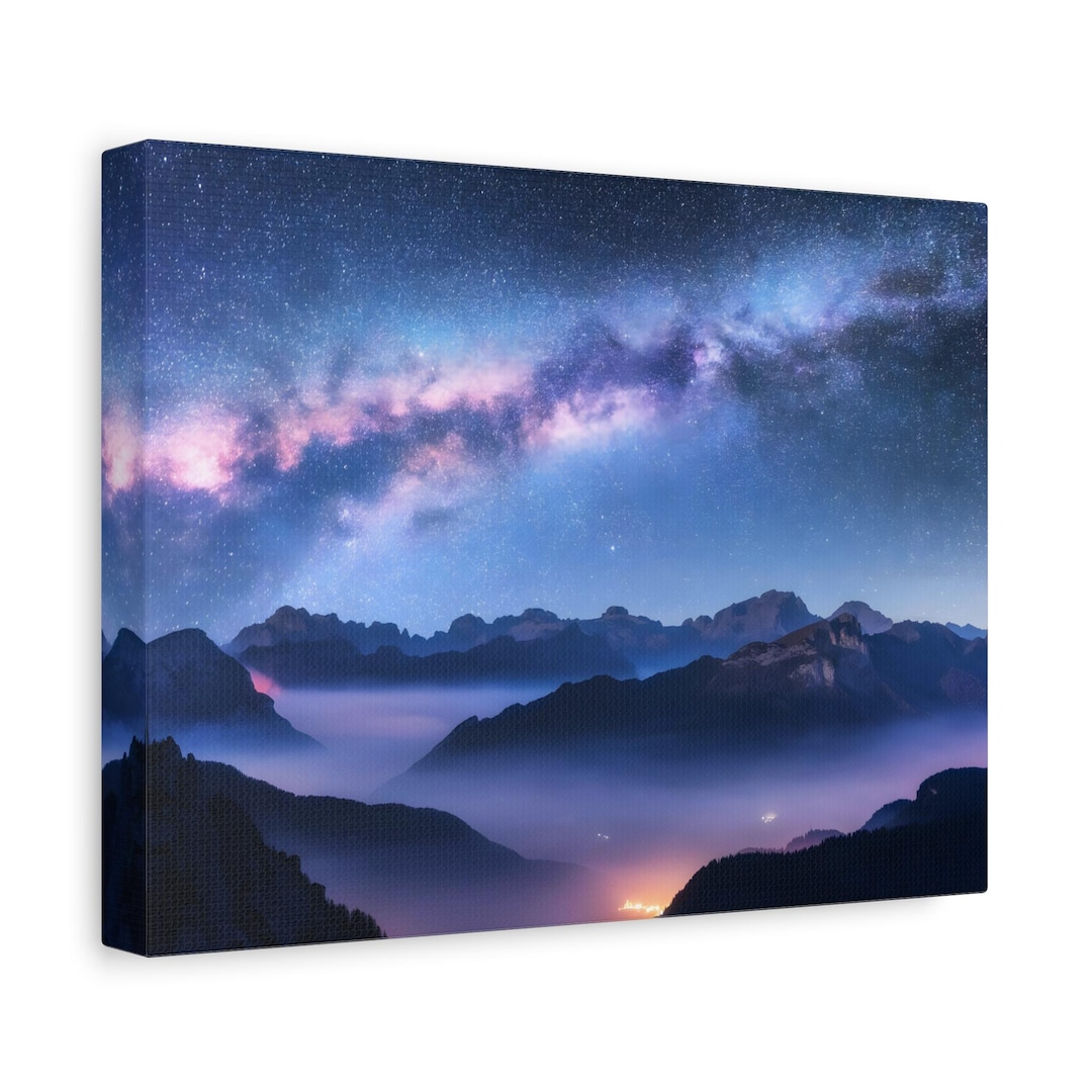 Starry Night Sky With Mountain Landscape - Framed Canvas Wall Art Print ...