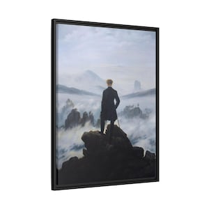 Caspar David Friedrich Der Wanderer über dem Nebelmeer - Große gerahmte Leinwand Kunstdruck - Schwarz/Weiß/Brauner Kiefernholzrahmen