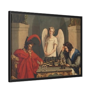 Faust and Mephistopheles Playing Chess the devil's checkmate Framed Canvas Wall Art Print Reproduction in Pinewood Frame