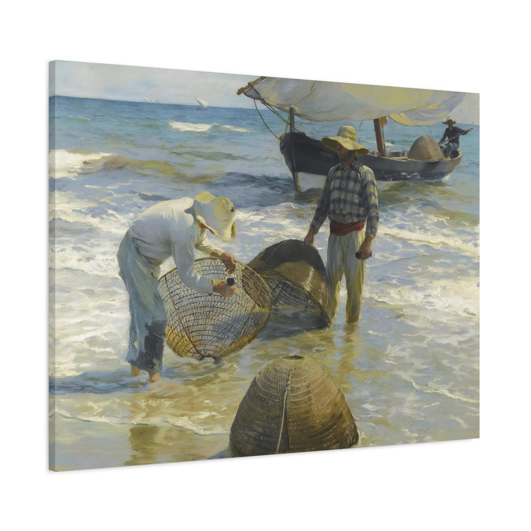 スジョノ・アブドゥラ 『漁船』1977年油彩画 136×72cm 直筆署名額付 Joaquín Sorolla Valencian Fishermen - Canvas Wall Art Print
