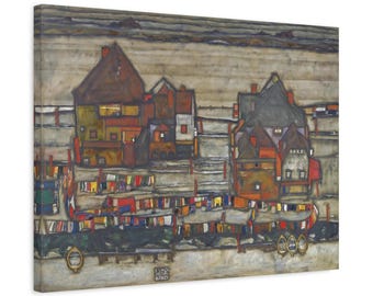Egon Schiele Houses With Laundry Suburb - Canvas Wall Art Print Reproduction