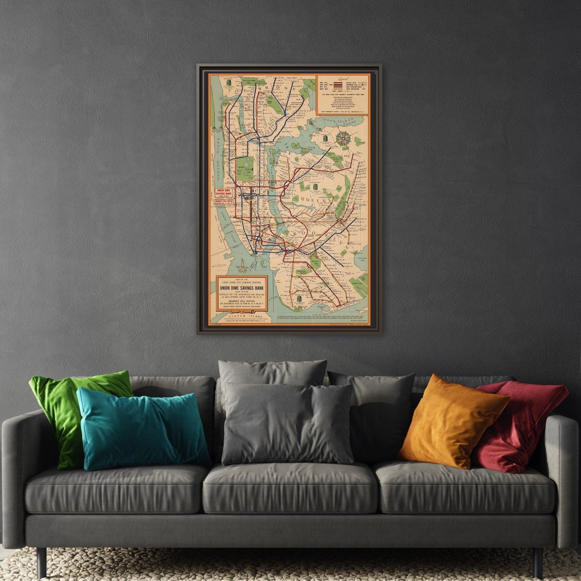 Frame Metro Map Voorhies Map of New York City Subway System - Framed Canvas Wall Art in ...