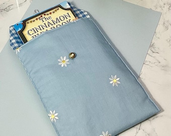 Embroidered Daisy Book Sleeve: Blue Cotton Kindle/iPad Mini Pouch