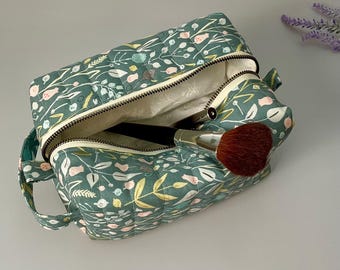Green Botanical Quilted Makeup Bag: Cotton Cosmetic & Toiletry Bag
