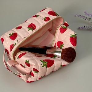 Strawberry Quilted Makeup Bag: Cotton Cosmetic & Toiletry Organizer