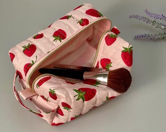 Strawberry Quilted Makeup Bag: Cotton Cosmetic & Toiletry Organizer