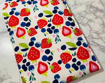 Strawberry Blueberry Fabric Book/Tablet Sleeve: Padded Handmade Pouch
