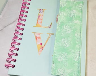 Mint Green Bumblebee Pen Holder Bookmark: Elastic Fabric Journal Accessory