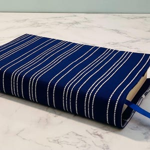 Handmade Navy Blue Striped Book Cover: Adjustable Fabric Dust Jacket