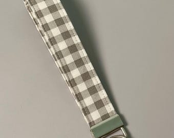 Grey Plaid Fabric Wristlet Keyring