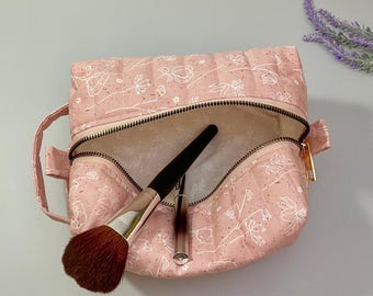 Pink Floral Quilted Makeup Bag: Cotton Toiletry Travel Case