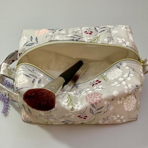Gray Floral Quilted Makeup Bag: Cotton Toiletry Travel Pouch