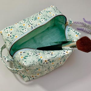 Blue Floral Quilted Makeup Bag: Cotton Cosmetic & Toiletry Organizer
