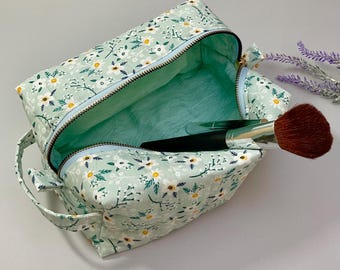 Blue Floral Quilted Makeup Bag: Cotton Cosmetic & Toiletry Organizer