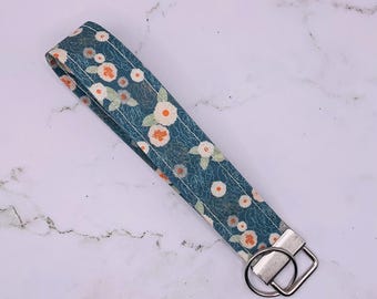 Blue Cottagecore Fabric Wristlet Keyring