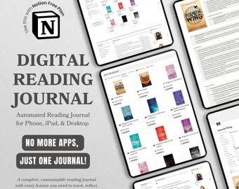 May include: A digital reading journal template for Notion, a note-taking app. The template is designed to help users track their reading progress, reflect on their thoughts, and stay inspired. The image shows a screenshot of the template on a tablet, with a book cover and a list of books.