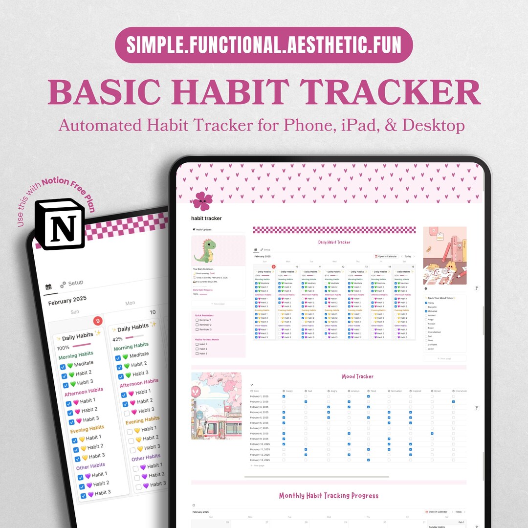 Pink Notion Habit Tracker, Habit Tracker Notion Template, Simple and ...