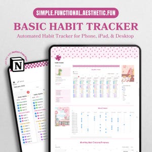 Pink Notion Habit Tracker, Habit Tracker Notion Template, Simple and Cute Notion Habit Tracker Calendar, Habit Tracker for ADHD