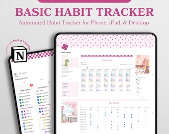 May include: A pink and white digital habit tracker with a dinosaur illustration. The tracker includes a daily habit tracker, a mood tracker, and a monthly habit tracking progress section. The text "Use this with Notion Free Plan" is visible in the top left corner.